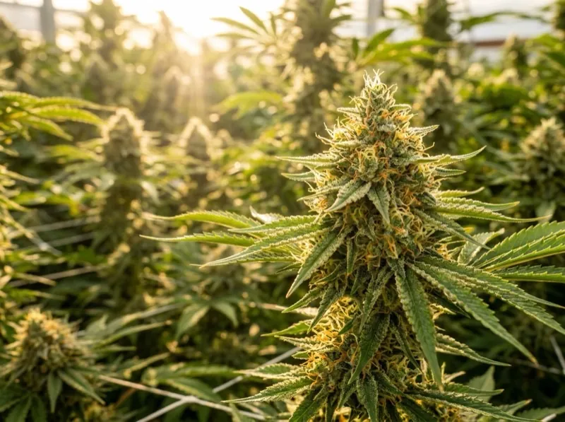 Ботанічна макроілюстрація суцвіття культивару Durban Poison (Дурбан Пойзон) — морфологія чашечок та трихом