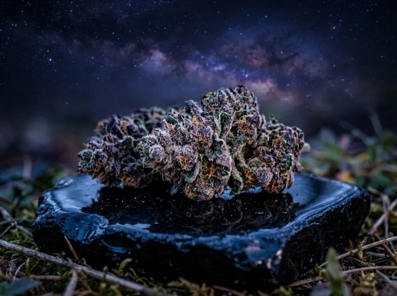 Ботанічна макроілюстрація суцвіття культивару Bubba Kush (Бубба Куш) — морфологія чашечок та трихом